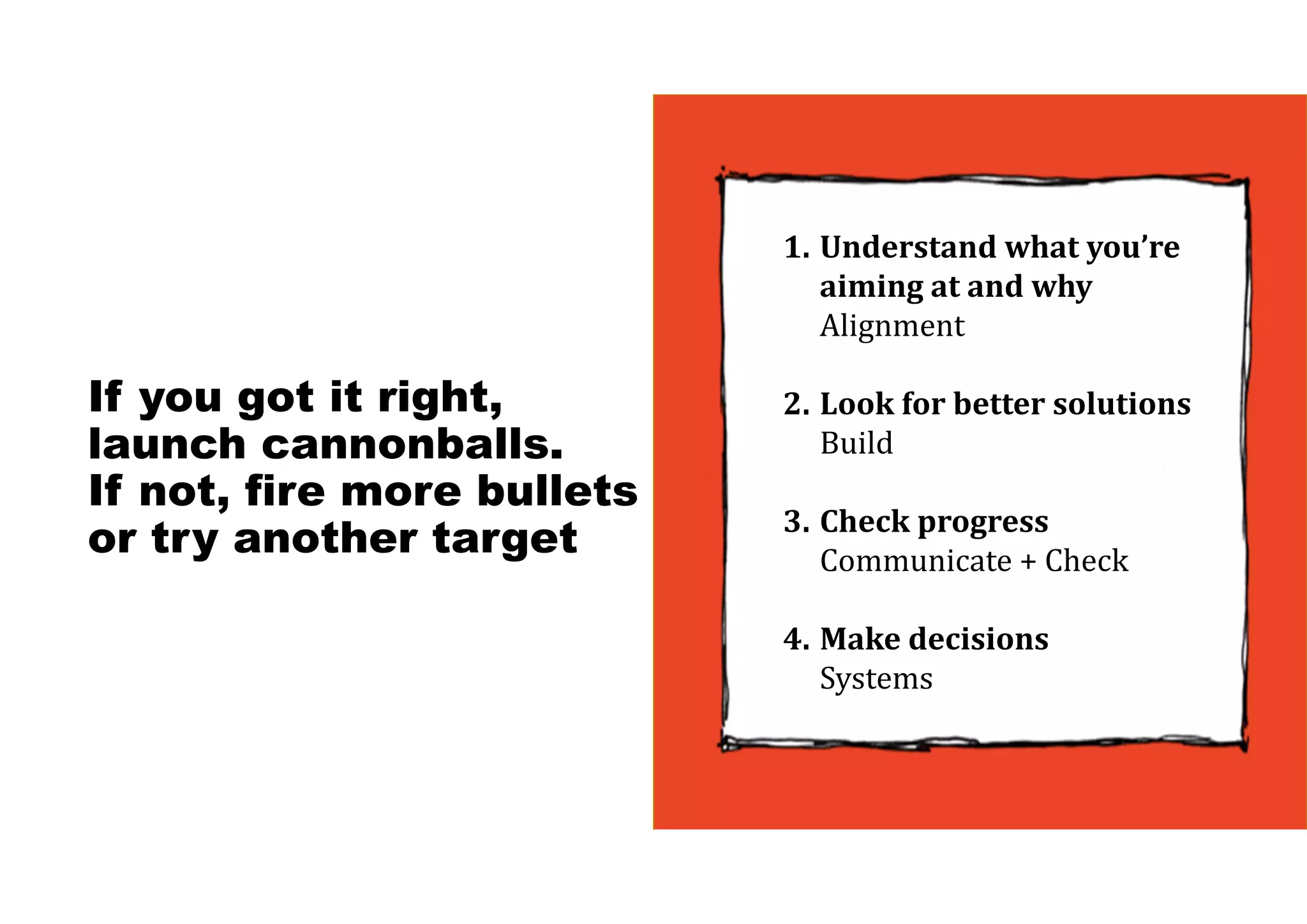If you got it right,
launch cannonballs.
If not, fire more bullets
or try another target
1. Understand	what	you’re	
aiming	at	and	why
Alignment
2. Look	for	better	solutions
Build
3. Check	progress
Communicate + Check
4. Make	decisions
Systems
 