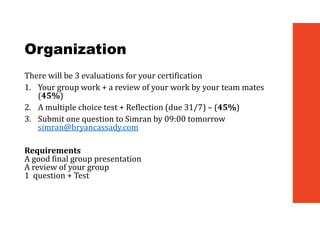 Organization
There will be 3 evaluations for your certification
1. Your group work + a review of your work by your team mates
(45%)
2. A multiple choice test + Reflection (due 31/7) – (45%)
3. Submit one question to Simran by 09:00 tomorrow
simran@bryancassady.com
Requirements
A good final group presentation
A review of your group
1 question + Test
 