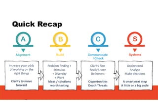 Quick Recap
Increase your odds
of working on the 
right things 
Clarity to move 
forward
Problem finding + 
Stimulus 
+ Diversity
+ Work
Ideas / solutions 
worth testing
Clarity First
Really Listen
Be honest
Opportunities
Death Threats 
Understand
Analyse
Make decisions
A smart next step
A little or a big cycle
 