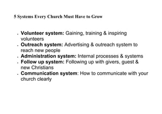 5 Systems Every Church Must Have to Grow

Volunteer system: Gaining, training & inspiring
volunteers
Outreach system: Advertising & outreach system to
reach new people
Administration system: Internal processes & systems
Follow up system: Following up with givers, guest &
new Christians
Communication system: How to communicate with your
church clearly

 