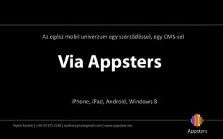  Az	
  egész	
  mobil	
  univerzum	
  egy	
  szerződéssel,	
  egy	
  CMS-­‐sel	
  



                           Via Appsters
                                   iPhone,	
  iPad,	
  Android,	
  Windows	
  8	
  


Nyírő András | +36 70 375 2286 | andras.nyiro@gmail.com | www.appsters.me
 
