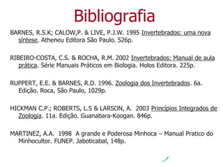 Bibliografia
BARNES, R.S.K; CALOW,P. & LIVE, P.J.W. 1995 Invertebrados: uma nova
síntese. Atheneu Editora São Paulo. 526p.
RIBEIRO-COSTA, C.S. & ROCHA, R.M. 2002 Invertebrados: Manual de aula
prática. Série Manuais Práticos em Biologia. Holos Editora. 225p.
RUPPERT, E.E. & BARNES, R.D. 1996. Zoologia dos Invertebrados. 6a.
Edição. Roca, São Paulo, 1029p.
HICKMAN C.P.; ROBERTS, L.S & LARSON, A. 2003 Princípios Integrados de
Zoologia. 11a. Edição. Guanabara-Koogan. 846p.
MARTINEZ, A.A. 1998 A grande e Poderosa Minhoca – Manual Pratico do
Minhocultor. FUNEP. Jaboticabal, 148p.
 