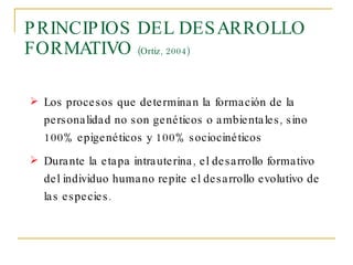 PRINCIPIOS DEL DESARROLLO FORMATIVO  (Ortiz, 2004) Los procesos que determinan la formación de la personalidad no son genéticos o ambientales, sino 100% epigenéticos y 100% sociocinéticos Durante la etapa intrauterina, el desarrollo formativo del individuo humano repite el desarrollo evolutivo de las especies. 