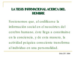 LA TESIS INFRMACIONAL ACERCA DEL HOMBRE Sostenemos que, al codificarse la información social en el neocórtex del cerebro humano, éste llega a constituirse en la conciencia, y de esta manera, la actividad psíquica consciente transforma al individuo en una personalidad. Ortiz CP, 1994 