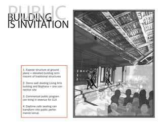 PUBLIC
BUILDING
IS INVITATION


   1. Expose structure at ground
   plane = elevated building remi-
   niscent of traditional structures

   2. Demo wall dividing Living Arts
   building and Bophana = one con-
   nective site

   3. Commerical public program
   can bring in revenue for CLA

   4. Daytime cafe seating can
   transform into public perfor-
   mance venue
 