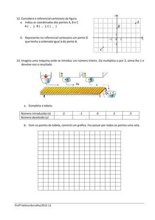 12. Considera o referencial cartesiano da figura
    a. Indica as coordenadas dos pontos A, B e C
       A ( , ); B ( , ); C ( , )


    b. Representa no referencial cartesiano um ponto D
       que tenha a ordenada igual à do ponto A.




 13. Imagina uma máquina onde se introduz um número inteiro. Ela multiplica-o por 2, soma-lhe 1 e
     devolve-nos o resultado.




       a. Completa a tabela:

    Número introduzido (x)          -2              -1        0            2            5
    Número devolvido (y)

       b. Com os pontos da tabela, constrói um gráfico. Faz passar por todos os pontos uma reta.




Profª Helena Borralho/2012-13
 