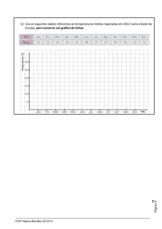 Profª Helena Borralho 2012/13
Página7
12. Usa os seguintes dados referentes às temperaturas médias registadas em 2012 numa cidade da
Europa, para construir um gráfico de linhas.
 