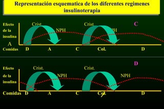 Representación esquematica de los diferentes regimenes
insulinoterapia
Representación esquematica de los diferentes regimenes
insulinoterapia
Efecto Crist. Crist. C
de la NPH NPH
insulina
A
Comidas D A C Col. D
D
Efecto Crist. Crist.
de la NPH NPH
insulina
Comidas D A C Col. D
 