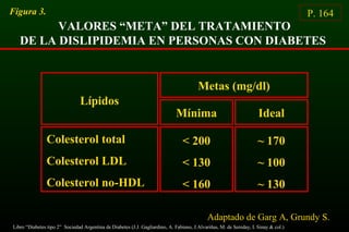 Figura 3.
VALORES “META” DEL TRATAMIENTO
DE LA DISLIPIDEMIA EN PERSONAS CON DIABETES
P. 164
Colesterol total
Colesterol LDL
Colesterol no-HDL
Metas (mg/dl)
Lípidos
Mínima
< 200
< 130
< 160
~ 170
~ 100
~ 130
Ideal
Adaptado de Garg A, Grundy S.
Libro “Diabetes tipo 2” Sociedad Argentina de Diabetes (J.J. Gagliardino, A. Fabiano, J.Alvariñas, M. de Sereday, I. Sinay & col.)
 