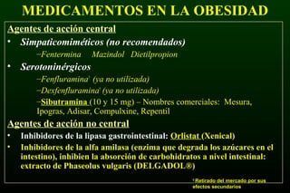 †
Retirado del mercado por sus
efectos secundarios
MEDICAMENTOS EN LA OBESIDAD
Agentes de acción central
• Simpaticomiméticos (no recomendados)
–Fentermina Mazindol Dietilpropion
• Serotoninérgicos
–Fenfluramina†
(ya no utilizada)
–Dexfenfluramina†
(ya no utilizada)
–Sibutramina (10 y 15 mg) – Nombres comerciales: Mesura,
Ipogras, Adisar, Compulxine, Repentil
Agentes de acción no central
• Inhibidores de la lipasa gastrointestinal: Orlistat (Xenical)
• Inhibidores de la alfa amilasa (enzima que degrada los azúcares en el
intestino), inhibien la absorción de carbohidratos a nivel intestinal:
extracto de Phaseolus vulgaris (DELGADOL®)
 