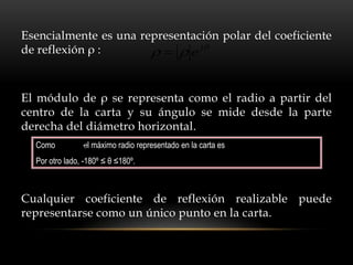 Esencialmente es una representación polar del coeficiente
de reflexión ρ :          e j


El módulo de ρ se representa como el radio a partir del
centro de la carta y su ángulo se mide desde la parte
derecha del diámetro horizontal.
  Como        1máximo radio representado en la carta es
              el                                             1
  Por otro lado, -180º ≤ θ ≤180º.



Cualquier coeficiente de reflexión realizable puede
representarse como un único punto en la carta.
 