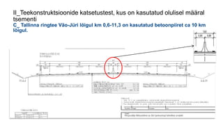 II_Teekonstruktsioonide katsetustest, kus on kasutatud olulisel määral
tsementi
C_ Tallinna ringtee Väo-Jüri lõigul km 0,6-11,3 on kasutatud betoonpiiret ca 10 km
lõigul.
 