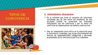 5. CONVIVENCIA CIUDADANA:
 Es la cualidad que tiene el conjunto de relaciones
cotidianas que se dan entre los miembros de una
sociedad cuando se armonizan los intereses
individuales con los colectivos y por lo tanto los
conflictos se desenvuelven de manera constructiva.
 Hay un componente socio-ético en la educación para
la convivencia ciudadana, que surge directamente del
sentido de responsabilidad compartida y derivada,
propiedades de la convivencia pacífica ciudadana
TIPOS DE
CONVIVENCIA
 