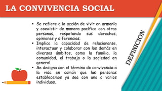 LA CONVIVENCIA SOCIAL
 Se refiere a la acción de vivir en armonía
y coexistir de manera pacífica con otras
personas, respetando sus derechos,
opiniones y diferencias.
 Implica la capacidad de relacionarse,
interactuar y colaborar con los demás en
diversos ámbitos, como la familia, la
comunidad, el trabajo o la sociedad en
general.
 Se designa con el término de convivencia a
la vida en común que las personas
establecemos ya sea con uno o varios
individuos.
 