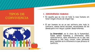 1. CONVIVENCIA HUMANA:
 Es aquella que se vive en toda la raza humana sin
tener ningún vínculo de ningún tipo.
 El ser humano no es un ser solitario sino todo lo
contrario, somos seres sociales, necesitamos de los
demás para vivir mejor y poder desarrollarnos.
La Diversidad: es la clave de la humanidad,
todos somos humanos y diferentes, ésta
característica, ésta diferencia es lo que nos
alimenta y nos hace crecer como personas
pero también es la diferencia la que provoca el
conflicto.
TIPOS DE
CONVIVENCIA
 