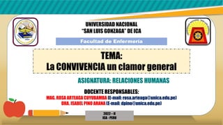UNIVERSIDAD NACIONAL
“SAN LUIS GONZAGA” DE ICA
Facultad de Enfermería
2022 – II
ICA - PERU
TEMA:
La CONVIVENCIA un clamor general
ASIGNATURA: RELACIONES HUMANAS
DOCENTE RESPONSABLES:
MAG. ROSA ARTEAGA CUYUBAMBA (E-mail: rosa.arteaga@unica.edu.pe)
DRA. ISABEL PINO ARANA(E-mail: dpino@unica.edu.pe)
 