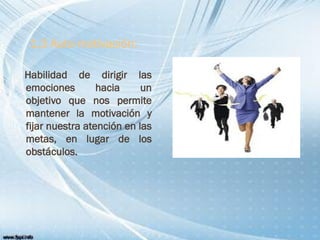 1.3 Auto-motivación:
Habilidad de dirigir las
emociones hacia un
objetivo que nos permite
mantener la motivación y
fijar nuestra atención en las
metas, en lugar de los
obstáculos.
 