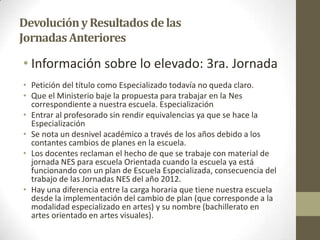 DevoluciónyResultados delas
JornadasAnteriores
• Información sobre lo elevado: 3ra. Jornada
• Petición del título como Especializado todavía no queda claro.
• Que el Ministerio baje la propuesta para trabajar en la Nes
correspondiente a nuestra escuela. Especialización
• Entrar al profesorado sin rendir equivalencias ya que se hace la
Especialización
• Se nota un desnivel académico a través de los años debido a los
contantes cambios de planes en la escuela.
• Los docentes reclaman el hecho de que se trabaje con material de
jornada NES para escuela Orientada cuando la escuela ya está
funcionando con un plan de Escuela Especializada, consecuencia del
trabajo de las Jornadas NES del año 2012.
• Hay una diferencia entre la carga horaria que tiene nuestra escuela
desde la implementación del cambio de plan (que corresponde a la
modalidad especializado en artes) y su nombre (bachillerato en
artes orientado en artes visuales).
 