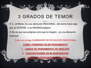 3 GRADOS DE TEMOR
 3.- el Miedo. Es una alteración IRACIONAL del animo hacia algo
que se SUPONE o se IMAGINA peligros
 No es que sea peligroso sino que lo imagino , es una alteración
irracional
Como se corrige CAMBIANDO MI SITUACIÓN EMOCIONAL
 