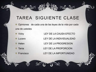TAREA SIGUIENTE CLASE
Opiniones de cada una de las leyes de la vida por cada
una de ustedes
Vicky LEY DE LA CAUSA EFECTO
Lucero LEY DE LA INDIVIDUALIDAD
Helen LEY DE LA PROGRESION
Tania LEY DE LA PROPORCION
Francisco LEY DE LA IMPORTUNIDAD
 