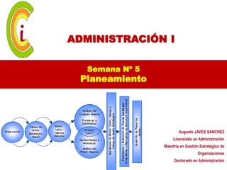 ADMINISTRACIÓN I

  Semana Nº 5
 Planeamiento




                        Augusto JAVES SANCHEZ
                     Licenciado en Administración
                Maestría en Gestión Estratégica de
                                  Organizaciones
                     Doctorado en Administración
                                         1
 