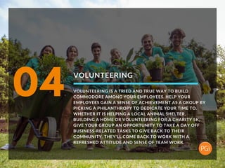 VOLUNTEERING
VOLUNTEERING IS A TRIED AND TRUE WAY TO
BUILD CAMARADERIE AMONG YOUR EMPLOYEES. HELP YOUR
EMPLOYEES GAIN A SE...
