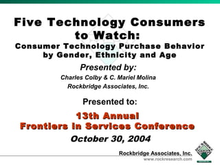 Five Technology Consumers 
Presented by: 
Charles Colby & C. Mariel Molina 
Rockbridge Associates, Inc. 
13th AAnnnnuuaall 
FFrroonnttiieerrss iinn SSeerrvviicceess CCoonnffeerreennccee 
Rockbridge Associates, Inc. 
www.rockresearch.com 
to Watch: 
Consumer Technology Purchase Behavior 
by Gender, Ethnicity and Age 
Presented to: 
October 30, 2004 
 