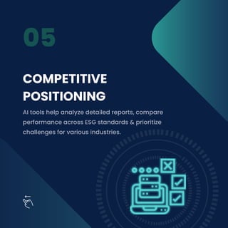 05
COMPETITIVE
POSITIONING
AI tools help analyze detailed reports, compare
performance across ESG standards & prioritize
c...