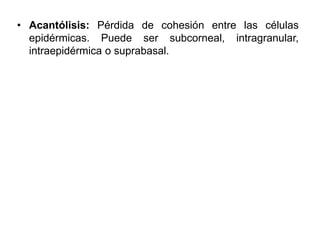 • Acantólisis: Pérdida de cohesión entre las células 
epidérmicas. Puede ser subcorneal, intragranular, 
intraepidérmica o suprabasal. 
 