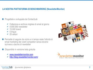 LA NOSTRA PIATTAFORMA DI BENCHMARKING (NewsletterMonitor)

Progettata e sviluppata da ContactLab
Colleziona e archivia migliaia di email al giorno
4.000.000 newsletter
15.000 brand
5 lingue
25 settori
Permette di seguire da vicino e in tempo reale l’attività di
email marketing dei vostri competitor senza doversi
iscrivere a decine di newsletter

Disponibile in versione beta gratuita
www.newslettermonitor.com
http://blog.newslettermonitor.com/

@contactlab @digitalzia

7

 
