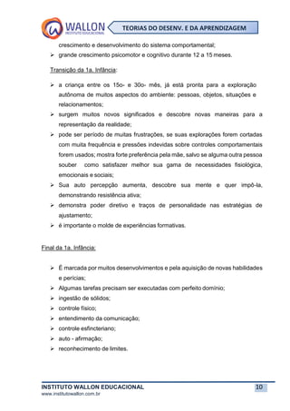 INSTITUTO WALLON EDUCACIONAL 10
www.institutowallon.com.br
TEORIAS DO DESENV. E DA APRENDIZAGEM
crescimento e desenvolvimento do sistema comportamental;
➢ grande crescimento psicomotor e cognitivo durante 12 a 15 meses.
Transição da 1a. Infância:
➢ a criança entre os 15o- e 30o- mês, já está pronta para a exploração
autônoma de muitos aspectos do ambiente: pessoas, objetos, situações e
relacionamentos;
➢ surgem muitos novos significados e descobre novas maneiras para a
representação da realidade;
➢ pode ser período de muitas frustrações, se suas explorações forem cortadas
com muita frequência e pressões indevidas sobre controles comportamentais
forem usados; mostra forte preferência pela mãe, salvo se alguma outra pessoa
souber como satisfazer melhor sua gama de necessidades fisiológica,
emocionais e sociais;
➢ Sua auto percepção aumenta, descobre sua mente e quer impô-la,
demonstrando resistência ativa;
➢ demonstra poder diretivo e traços de personalidade nas estratégias de
ajustamento;
➢ é importante o molde de experiências formativas.
Final da 1a. Infância:
➢ É marcada por muitos desenvolvimentos e pela aquisição de novas habilidades
e perícias;
➢ Algumas tarefas precisam ser executadas com perfeito domínio;
➢ ingestão de sólidos;
➢ controle físico;
➢ entendimento da comunicação;
➢ controle esfincteriano;
➢ auto - afirmação;
➢ reconhecimento de limites.
 