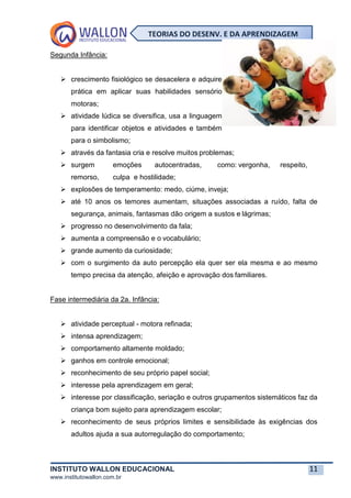 INSTITUTO WALLON EDUCACIONAL 11
www.institutowallon.com.br
TEORIAS DO DESENV. E DA APRENDIZAGEM
Segunda Infância:
➢ crescimento fisiológico se desacelera e adquire
prática em aplicar suas habilidades sensório
motoras;
➢ atividade lúdica se diversifica, usa a linguagem
para identificar objetos e atividades e também
para o simbolismo;
➢ através da fantasia cria e resolve muitos problemas;
➢ surgem emoções autocentradas, como: vergonha, respeito,
remorso, culpa e hostilidade;
➢ explosões de temperamento: medo, ciúme, inveja;
➢ até 10 anos os temores aumentam, situações associadas a ruído, falta de
segurança, animais, fantasmas dão origem a sustos e lágrimas;
➢ progresso no desenvolvimento da fala;
➢ aumenta a compreensão e o vocabulário;
➢ grande aumento da curiosidade;
➢ com o surgimento da auto percepção ela quer ser ela mesma e ao mesmo
tempo precisa da atenção, afeição e aprovação dos familiares.
Fase intermediária da 2a. Infância:
➢ atividade perceptual - motora refinada;
➢ intensa aprendizagem;
➢ comportamento altamente moldado;
➢ ganhos em controle emocional;
➢ reconhecimento de seu próprio papel social;
➢ interesse pela aprendizagem em geral;
➢ interesse por classificação, seriação e outros grupamentos sistemáticos faz da
criança bom sujeito para aprendizagem escolar;
➢ reconhecimento de seus próprios limites e sensibilidade às exigências dos
adultos ajuda a sua autorregulação do comportamento;
 