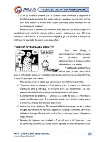 INSTITUTO WALLON EDUCACIONAL 29
www.institutowallon.com.br
TEORIAS DO DESENV. E DA APRENDIZAGEM
➢ A lei do exercício propõe que a conexão entre estímulos e respostas é
fortalecida pela repetição. Em outras palavras, a prática, ou exercício, permite
que mais acertos e menos erros sejam cometidos como resultado de um
comportamento qualquer.
Pode-se notar a semelhança existente entre este tipo de aprendizagem e o
condicionamento operante. Alguns autores, porém, estabelecem uma diferença,
afirmando que o ensaio e erro são mais complexos, já que envolve a intenção do
indivíduo na aquisição de algum efeito específico.
TEORIA DA APRENDIZAGEM COGNITIVA
Para John Dewey a
aprendizagem deve estar vinculada
aos problemas práticos
aproximando-se o mais possível da
vida cotidiana dos alunos.
À escola cabe preparar seus
alunos para a vida democrática,
para a participação social, deve praticar a democracia dentro dela, dando preferência
à aprendizagem por descoberta.
Para Dewey, seis é o passo que caracterizam o pensamento científico:
✓ Tornar-se ciente do problema – É necessário que o problema proposto tenha
significado para o indivíduo. O problema deve ser transformado em uma
necessidade individual que lhe proporcione estímulos suficientes;
✓ Esclarecimento do problema – Consiste na coleta de dados e informações
sobre o problema proposto. É aonde vai se selecionar a melhor forma de atacar
o problema, através dos recursos disponíveis;
✓ Aparecimento da hipótese – São as possibilidades que surgem para a provável
solução do problema. As hipóteses costumam surgir após um longo período de
reflexão sobre o problema e suas implicações, a partir dos dados coletados na
etapa anterior.
✓ Seleção da hipótese, mas provável – É o confronto da hipótese com o que
se conhecido problema. Passando de uma hipótese a outra na medida que vão
 