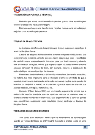INSTITUTO WALLON EDUCACIONAL 32
www.institutowallon.com.br
TEORIAS DO DESENV. E DA APRENDIZAGEM
TRANSFERÊNCIA POSITIVA E NEGATIVA
Dizemos que houve uma transferência positiva quando uma aprendizagem
anterior favorece uma nova aprendizagem.
Dizemos que houve uma transferência negativa quando uma aprendizagem
prejudica outra aprendizagem posterior.
TEORIAS DA TRANSFERÊNCIA
As teorias da transferência da aprendizagem tiveram sua origem nas críticas à
teoria da disciplina formal.
A teoria da disciplina formal concebia a mente composta de faculdades, tais
como: memória, raciocínio, vontade, atenção. Assim, bastava que estas ―faculdades
da mente‖ fossem, adequadamente, treinadas para que funcionassem igualmente
bem em todas as situações, mesmo que a aprendizagem houvesse ocorrido em uma
situação particular. O ensino de latim, por exemplo, treinava a capacidade de
raciocínio lógico para qualquer tipo de situação.
Na teoria da disciplina formal, a ênfase não se vinculava, de maneira específica,
na matéria. Era mais importante para a educação a forma da atividade do que o
conteúdo em si mesmo. A educação seria então, em grande medida, uma questão de
exercitar ou disciplinar a mente, de acordo com rigorosos exercícios mentais nos
autores clássicos, em lógica, matemática, etc.
Contudo, William James(1890), em um trabalho experimental conclui que a
melhora da memória consistia, não em qualquer melhora na retenção, mas no
aperfeiçoamento do método de memorizar. Este experimento foi o ponto de partida
para experiências posteriores, cujos resultados vieram contrariar a doutrina da
disciplina formal.
TEORIA DOS ELEMENTOS IDÊNTICOS
Tem como autor Thorndike. Afirma que há transferência de aprendizagem
quando se verifica identidade de CONTEÚDO (Exemplo: a análise lógica em uma
 