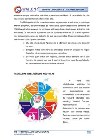 INSTITUTO WALLON EDUCACIONAL 44
www.institutowallon.com.br
TEORIAS DO DESENV. E DA APRENDIZAGEM
estavam sempre motivados, otimistas e pareciam confiáveis. A capacidade de criar
relações de companheirismo falou mais alto.
Na Metropolitam Life, uma das maiores seguradoras americanas, o psicólogo
Martim Seligman, da Universidade da Pensilvánia, aplicou teste sobre otimismo em
15000 candidatos ao cargo de vendedor (além dos testes tradicionais aplicados pela
empresa). Os resultados apontaram que os otimistas venderam 37 % mais apólices
nos dois primeiros anos de trabalho do que os pessimistas. Os pessimistas pediram
demissão o dobro que os otimistas.
➢ QE não é hereditário. Aprende-se a lidar com as emoções no decorrer
da vida.
➢ Emoções fortes como raiva ou ansiedade criam um bloqueio na região
frontal do cérebro responsável pelo raciocínio.
➢ Se você quer fechar um negócio, precisa tentar sempre ver o lado
humano da pessoa que está à sua frente ouvindo mais do que falando.
As decisões nunca são totalmente técnicas.
TEORIA DAS INTELIGÊNCIAS MÚLTIPLAS
A Teoria das
Inteligências Múltiplas foi
elaborada a partir dos anos 80
por pesquisadores da
universidade norte americana
de Harvard, liderados pelo
psicólogo Howard Gardner.
Acompanhando o
desempenho de pessoas que
haviam sido alunos fracos,
Gardner e surpreendeu com o
sucesso obtido por vários
deles.
 