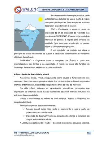 INSTITUTO WALLON EDUCACIONAL 65
www.institutowallon.com.br
TEORIAS DO DESENV. E DA APRENDIZAGEM
ID - Reservatório da energia psíquica, onde
se localizam as pulsões: de vida e morte. É regido
pelo princípio do prazer (busca o prazer e evita o
desprazer, o que também é prazer).
EGO - Estabelece o equilíbrio entre as
exigências do ID, as exigências da realidade e as
―ordens do SUPEREGO. Procura ―dar conta‖ do
interesse da pessoa. Ë regido pelo princípio da
realidade (que junto com o princípio do prazer,
regem o funcionamento psíquico).
É um regulador na medida que altera o
princípio do prazer no sentido de buscar a satisfação considerando as condições
objetivas da realidade.
SUPEREGO - Origina-se (com o complexo de Édipo) a partir das
internalizações, dos limites e da autoridade. A moral, os ideais são funções do
Superego. Refere-se as exigências sociais e culturais.
A Descoberta da Sexualidade Infantil.
Na prática clínica, Freud, pesquisando sobre causas e funcionamento das
neuroses, descobriu que a grande maioria dos pensamentos e desejos reprimidos
eram de ordem sexual, localizados nos primeiros anos de vida do indivíduo.
Na vida infantil estavam as experiências traumáticas, reprimidas que
originavam os sintomas atuais. Essas ocorrências deixavam marcas profundas na
estrutura da personalidade.
Coloca a sexualidade no centro da vida psíquica. Postula a existência da
sexualidade infantil.
Principais aspectos destas descobertas:
✓ Função sexual existe logo após o nascimento e não a partir da
puberdade como se afirmava.
✓ O período de desenvolvimento da sexualidade é longo e complexo até
chegar a sexualidade adulta.
A LIBIDO, nas palavras de Freud é ―a energia dos instintos sexuais e só deles.
 