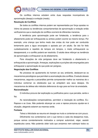 INSTITUTO WALLON EDUCACIONAL 70
www.institutowallon.com.br
TEORIAS DO DESENV. E DA APRENDIZAGEM
Os conflitos internos eclodem entre duas respostas incompatíveis de
aproximação (desejo) e evitação (medo).
Resolução de Conflitos
Se todos os conflitos internos podem ser representados por força opostas no
íntimo da pessoa ou tendências comportamentais de aproximação e evitação então
verificaremos que a resolução de conflitos ocorrerá de diferentes maneiras.
A tendência para aproximação pode ser fortalecida, a tendência para o
afastamento pode ser enfraquecida ou ambos podem ocorrer ao mesmo tempo. Por
exemplo, uma criança que tenha medo das ondas do mar pode ser conduzida
lentamente para a água encorajada e apoiada por um adulto. Se isto for feito
cuidadosamente e repetido de tempos em tempos, o medo enfraquecerá ou
desaparecerá, e o conflito poderá ser resolvido. O adulto deve reforçar as tendência
de aproximação e enfraquecer as de afastamento.
Para situações de vida perigosas deve ser fortalecido o afastamento e
enfraquecida a aproximação. Ameaças, explicações e punições são empregadas para
enfraquecer a aproximação do que pode ser perigoso.
Negociação dos Conflitos
No processo de ajustamento do homem ao seu ambiente, destacam-se os
mecanismos psicológicos que permitem a acomodação dos conflitos. O estudo desses
mecanismos, segundo a psicanálise permite compreender melhor as maneiras de o
indivíduo contornar os obstáculos que se antepõem aos seus desejos. Os
mecanismos de defesa são métodos defensivos do ego para se livrar da ansiedade.
Racionalização
O indivíduo procura dar explicação ou justificativa para o que percebe, sente e
faz.
As racionalizações compensatórias, permitem a resolução de conflitos. Ex.:
Raposa e as Uvas. Não podendo alcançar as uvas a raposa procurou ajustar-se à
situação, alegando estarem as mesmas verde.
Fantasia
Talvez a felicidade se resuma em desejar-se muito e contentar-se com pouco.
Dificilmente nos contentamos com o que temos e cada dia desejamos mais,
porque somos constantemente motivados a comprar automóvel, viajar, assistir
espetáculos caros. Não podendo obter tudo que ansiamos nem sobrepor todos os
 