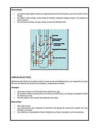 Desventajas:
• La tubería está sujeta a daño por altas presiones de la formación y por la corrosión de los
fluidos.
• Se deben matar ambas zonas antes de realizar cualquier trabajo al pozo o de reparar la
zona superior.
• No se puede levantar por gas ambas zonas simultáneamente.
DOBLES SELECTIVOS:
Mediante este diseño se pueden producir varias zonas simultáneamente y por separado a través
del uso de tuberías de producción paralelas y empacadores dobles.
Ventajas:
• Se puede producir con levantamiento artificial por gas.
• Se pueden realizar reparaciones con tubería concéntricas y con equipo manejado a cable
en todas las zonas.
• Permite obtener alto caudal de producción por pozo.
Desventaja:
• Alto costo inicial.
• Las reparaciones que requieran la remoción del equipo de producción pueden ser muy
difíciles y costosas.
• Las tuberías y empacadores tienen tendencia a producir escapes y comunicaciones.
 