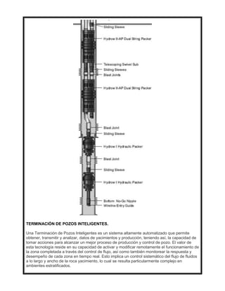 TERMINACIÓN DE POZOS INTELIGENTES.
Una Terminación de Pozos Inteligentes es un sistema altamente automatizado que permite
obtener, transmitir y analizar, datos de yacimientos y producción, teniendo así, la capacidad de
tomar acciones para alcanzar un mejor proceso de producción y control de pozo. El valor de
esta tecnología reside en su capacidad de activar y modificar remotamente el funcionamiento de
la zona completada a través del control de flujo, así como también monitorear la respuesta y
desempeño de cada zona en tiempo real. Esto implica un control sistemático del flujo de fluidos
a lo largo y ancho de la roca yacimiento, lo cual se resulta particularmente complejo en
ambientes estratificados.
 