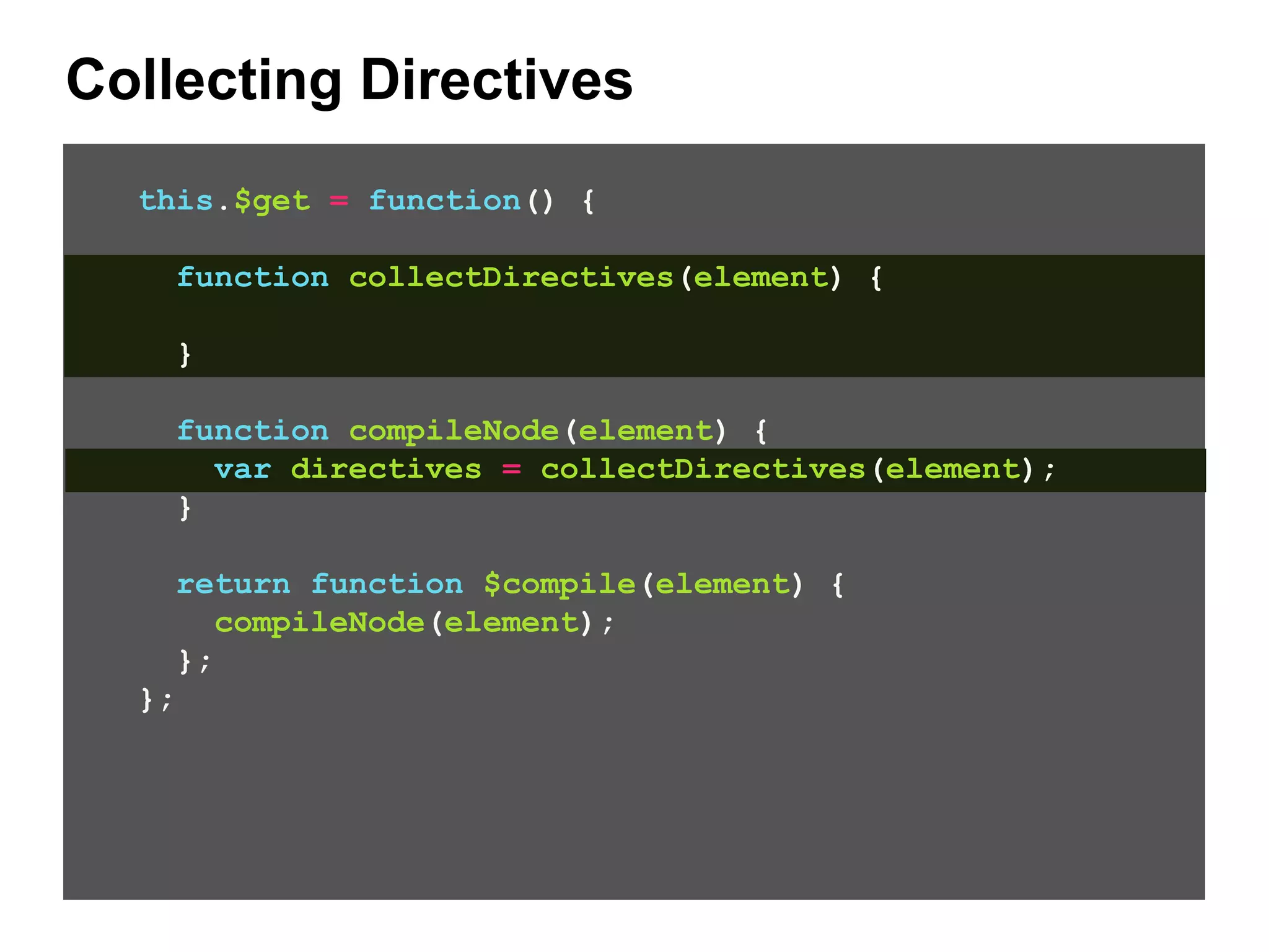 Collecting Directives this.$get = function() { function collectDirectives(element) { } function compileNode(element) { var directives = collectDirectives(element); } return function $compile(element) { compileNode(element); }; }; 