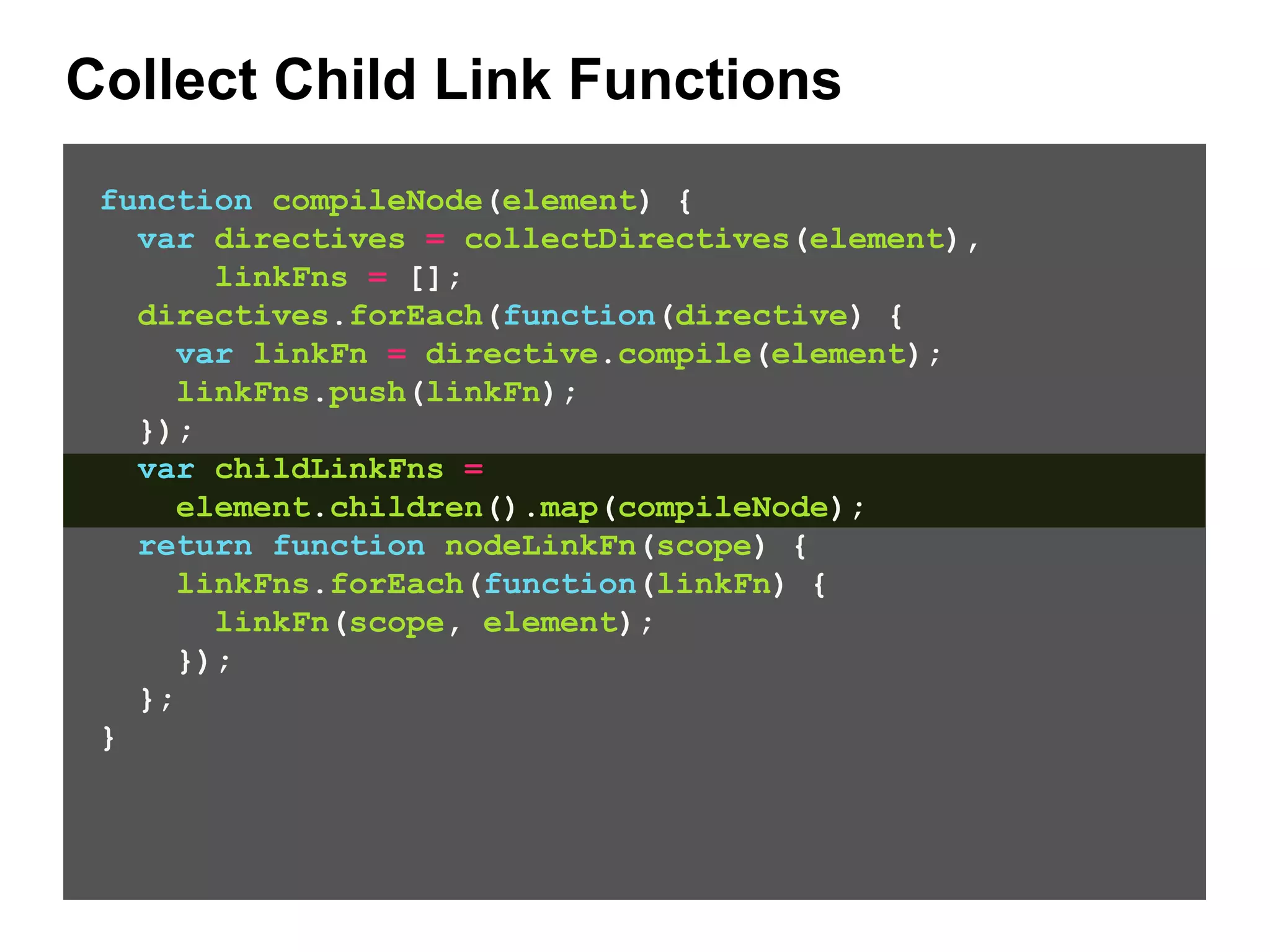 Collect Child Link Functions function compileNode(element) { var directives = collectDirectives(element), linkFns = []; directives.forEach(function(directive) { var linkFn = directive.compile(element); linkFns.push(linkFn); }); var childLinkFns = element.children().map(compileNode); return function nodeLinkFn(scope) { linkFns.forEach(function(linkFn) { linkFn(scope, element); }); }; } 