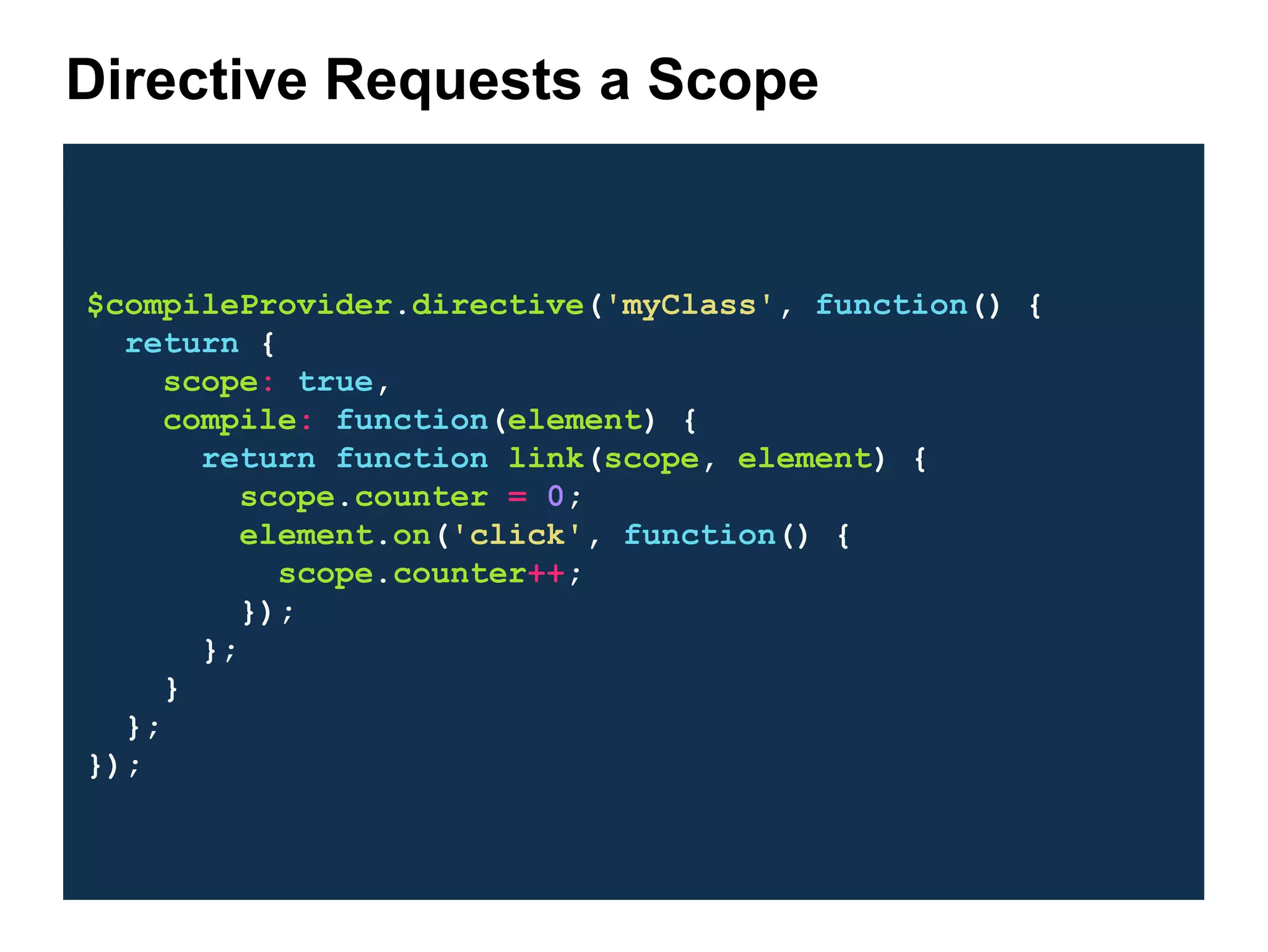 $compileProvider.directive('myClass', function() { return { scope: true, compile: function(element) { return function link(scope, element) { scope.counter = 0; element.on('click', function() { scope.counter++; }); }; } }; }); Directive Requests a Scope 