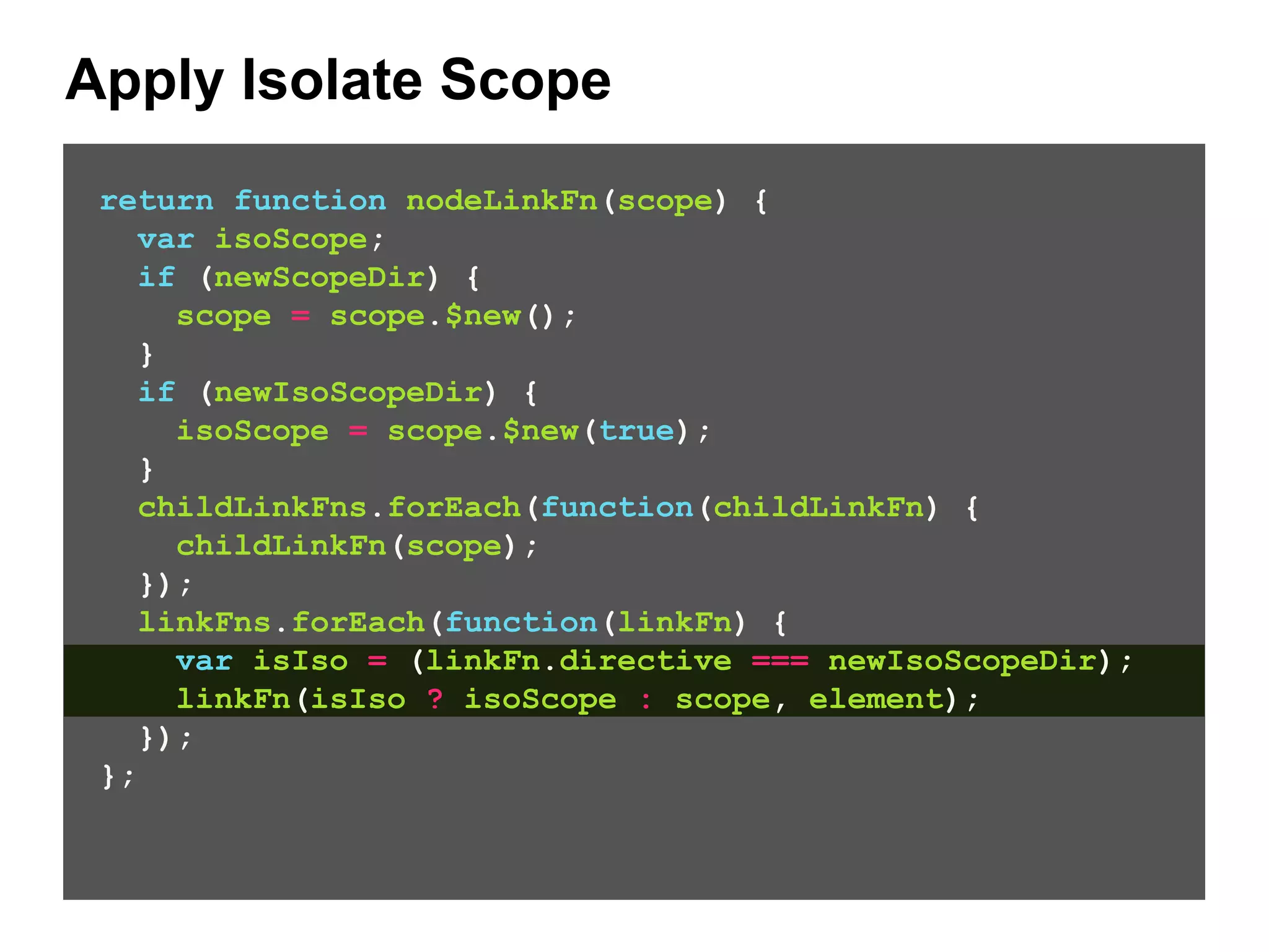 Apply Isolate Scope return function nodeLinkFn(scope) { var isoScope; if (newScopeDir) { scope = scope.$new(); } if (newIsoScopeDir) { isoScope = scope.$new(true); } childLinkFns.forEach(function(childLinkFn) { childLinkFn(scope); }); linkFns.forEach(function(linkFn) { var isIso = (linkFn.directive === newIsoScopeDir); linkFn(isIso ? isoScope : scope, element); }); }; 