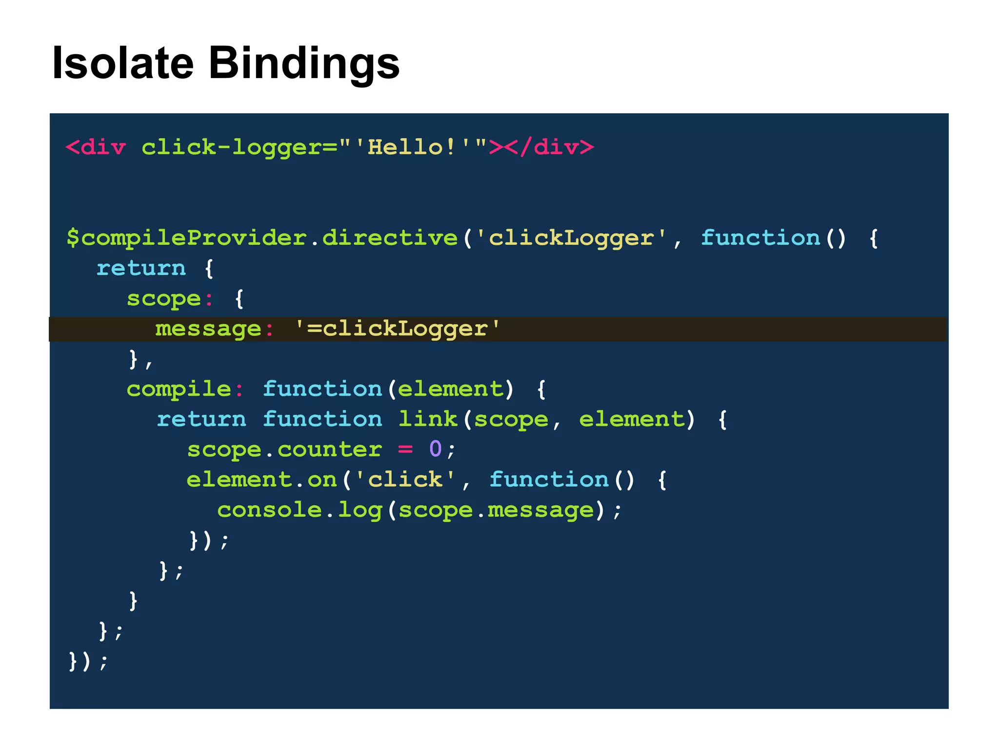 Isolate Bindings <div click-logger="'Hello!'"></div> $compileProvider.directive('clickLogger', function() { return { scope: { message: '=clickLogger' }, compile: function(element) { return function link(scope, element) { scope.counter = 0; element.on('click', function() { console.log(scope.message); }); }; } }; }); 