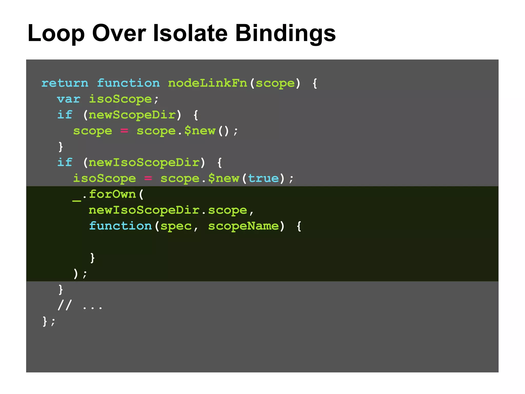 Loop Over Isolate Bindings return function nodeLinkFn(scope) { var isoScope; if (newScopeDir) { scope = scope.$new(); } if (newIsoScopeDir) { isoScope = scope.$new(true); _.forOwn( newIsoScopeDir.scope, function(spec, scopeName) { } ); } // ... }; 