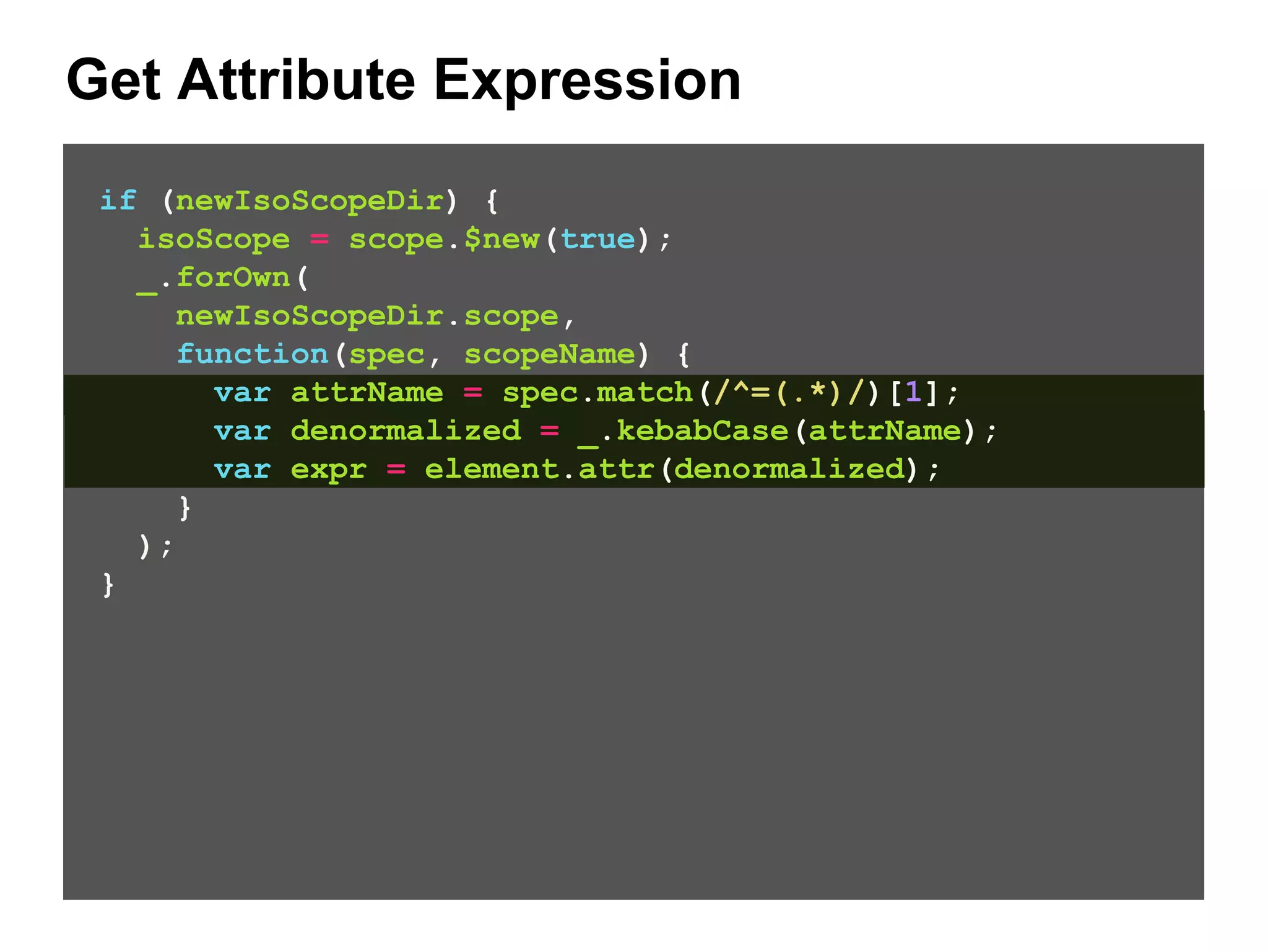 Get Attribute Expression if (newIsoScopeDir) { isoScope = scope.$new(true); _.forOwn( newIsoScopeDir.scope, function(spec, scopeName) { var attrName = spec.match(/^=(.*)/)[1]; var denormalized = _.kebabCase(attrName); var expr = element.attr(denormalized); } ); } 