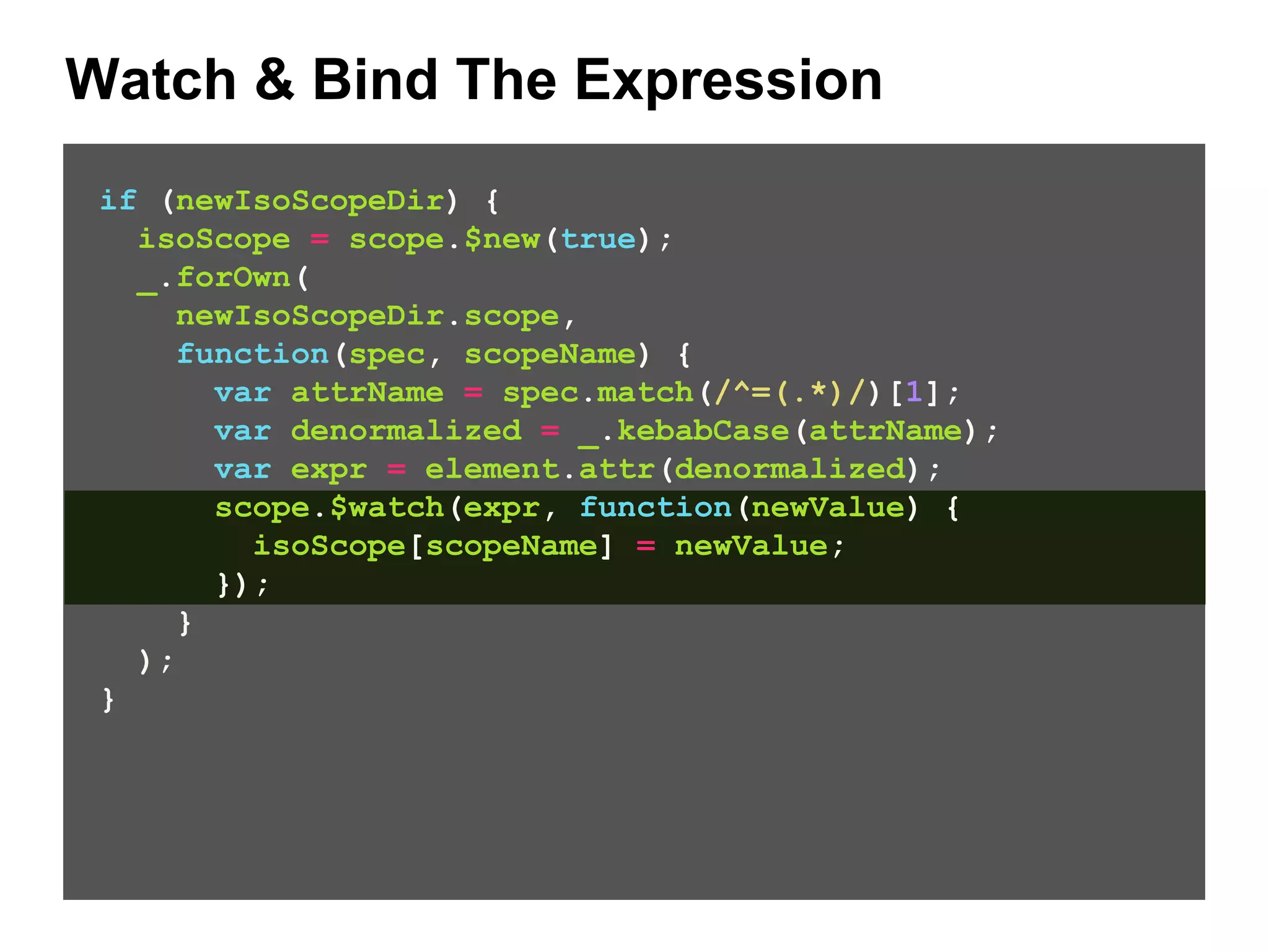 Watch & Bind The Expression if (newIsoScopeDir) { isoScope = scope.$new(true); _.forOwn( newIsoScopeDir.scope, function(spec, scopeName) { var attrName = spec.match(/^=(.*)/)[1]; var denormalized = _.kebabCase(attrName); var expr = element.attr(denormalized); scope.$watch(expr, function(newValue) { isoScope[scopeName] = newValue; }); } ); } 