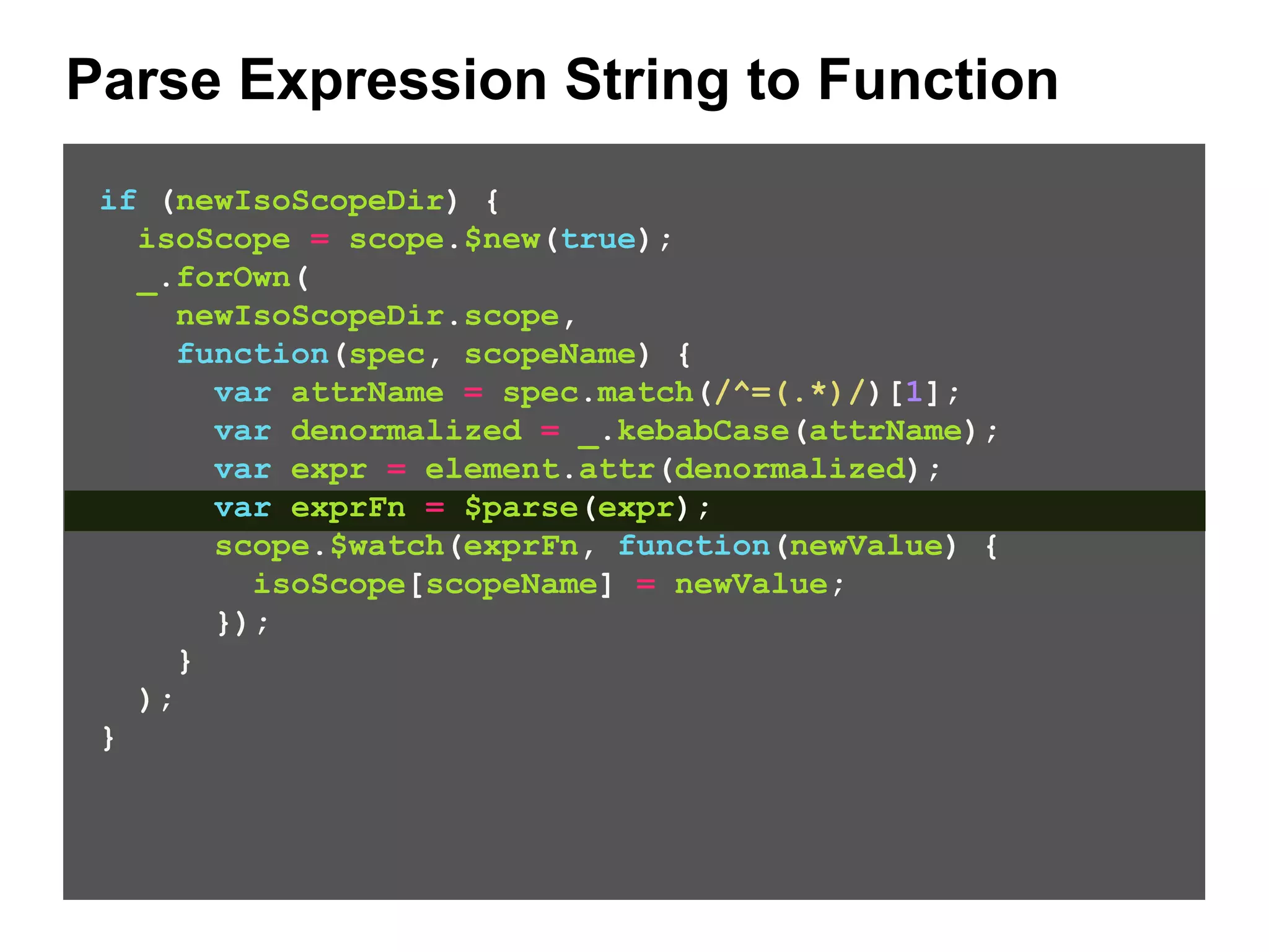 Parse Expression String to Function if (newIsoScopeDir) { isoScope = scope.$new(true); _.forOwn( newIsoScopeDir.scope, function(spec, scopeName) { var attrName = spec.match(/^=(.*)/)[1]; var denormalized = _.kebabCase(attrName); var expr = element.attr(denormalized); var exprFn = $parse(expr); scope.$watch(exprFn, function(newValue) { isoScope[scopeName] = newValue; }); } ); } 