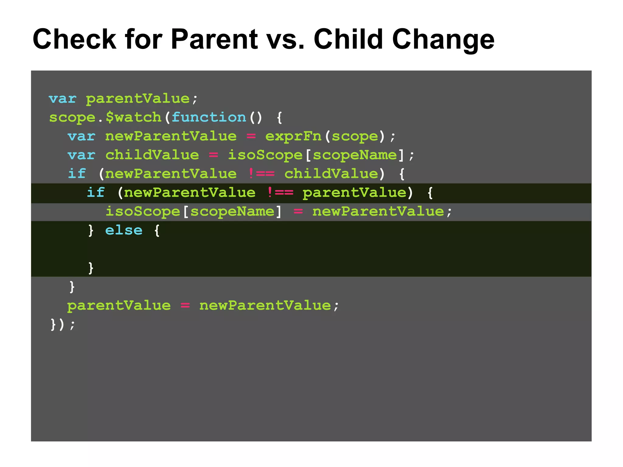Check for Parent vs. Child Change var parentValue; scope.$watch(function() { var newParentValue = exprFn(scope); var childValue = isoScope[scopeName]; if (newParentValue !== childValue) { if (newParentValue !== parentValue) { isoScope[scopeName] = newParentValue; } else { } } parentValue = newParentValue; }); 