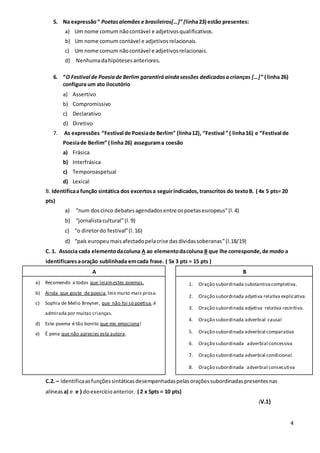 4
5. Na expressão“ Poetasalemães e brasileiros[…]” (linha23) estão presentes:
a) Um nome comum nãocontável e adjetivosqualificativos.
b) Um nome comum contável e adjetivosrelacionais.
c) Um nome comum nãocontável e adjetivosrelacionais.
d) Nenhumadahipótesesanteriores.
6. “O Festival de Poesiade Berlim garantiráaindasessões dedicadasacrianças […]” ( linha 26)
configura um ato ilocutório
a) Assertivo
b) Compromissivo
c) Declarativo
d) Diretivo
7. As expressões “Festival de Poesiade Berlim” (linha12), “Festival ” ( linha16) e “Festival de
Poesiade Berlim” ( linha 26) assegurama coesão
a) Frásica
b) Interfrásica
c) Temporoaspetual
d) Lexical
B. Identificaa função sintática dos excertosa seguirindicados,transcritos do textoB. ( 4x 5 pts= 20
pts)
a) “num doscinco debatesagendadosentre ospoetaseuropeus”(l.4)
b) “jornalistacultural”(l. 9)
c) “o diretordo festival”(l.16)
d) “país europeumaisafectadopelacrise dasdívidassoberanas”(l.18/19)
C. 1. Associa cada elementodacoluna A ao elementodacoluna B que lhe corresponde,de modo a
identificaresaoração sublinhada emcada frase. ( 5x 3 pts = 15 pts )
A B
a) Recomendo a todos que leiamestes poemas.
b) Ainda que goste de poesia,leio muito mais prosa.
c) Sophia de Mello Breyner, que não foi só poetisa,é
admirada por muitas crianças.
d) Este poema é tão bonito que me emociona!
e) É pena que não aprecies esta autora.
1. Oração subordinada substantiva completiva.
2. Oração subordinada adjetiva relativa explicativa.
3. Oração subordinada adjetiva relativa restritiva.
4. Oração subordinada adverbial causal
5. Oração subordinada adverbial comparativa
6. Oração subordinada adverbial concessiva
7. Oração subordinada adverbial condicional.
8. Oração subordinada adverbial consecutiva
C.2. – Identificaasfunçõessintáticasdesempenhadaspelasoraçõessubordinadaspresentesnas
alíneasa) e e ) doexercícioanterior. ( 2 x 5pts = 10 pts)
(V.1)
 